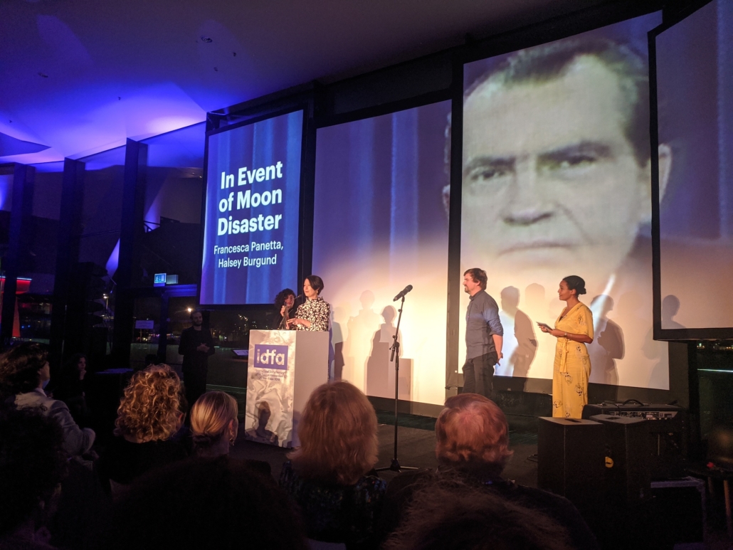 Francesca Panetta receiving award for In Event of Moon Disaster at IDFA