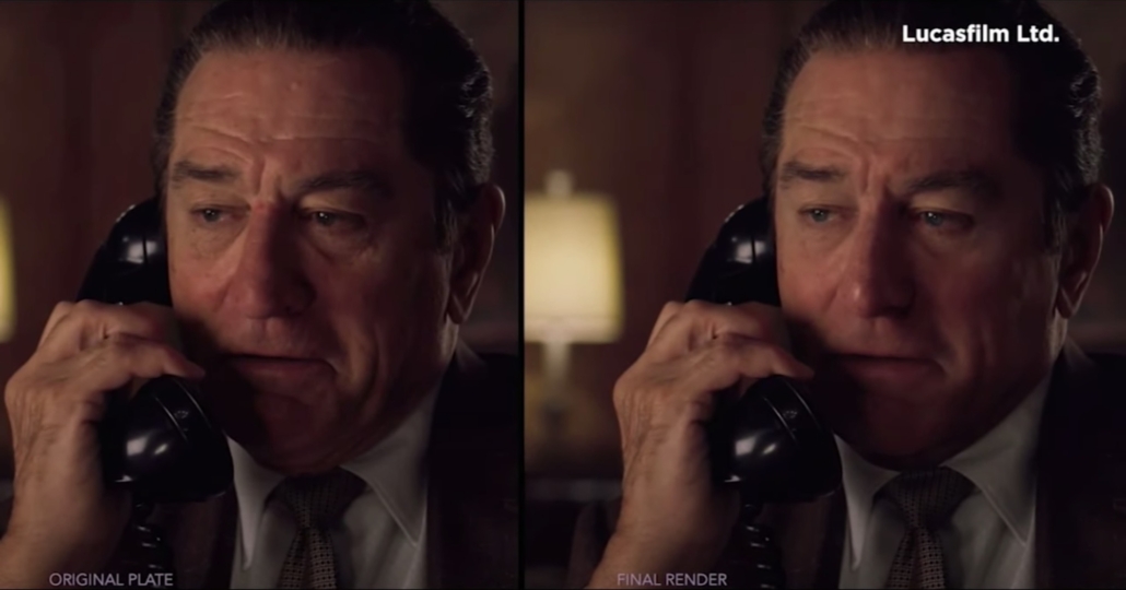 side-by-side images from The Irishman of Robert De Niro in reality vs Robert De Niro de-aged to look decades younger